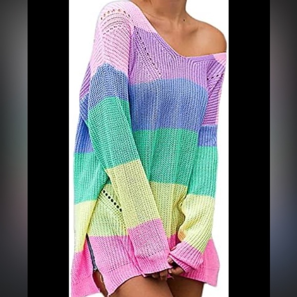 V-Neck Off The Shoulder Sweater Pastel Color Block  Oversized Knit Pullover L - Picture 9 of 11